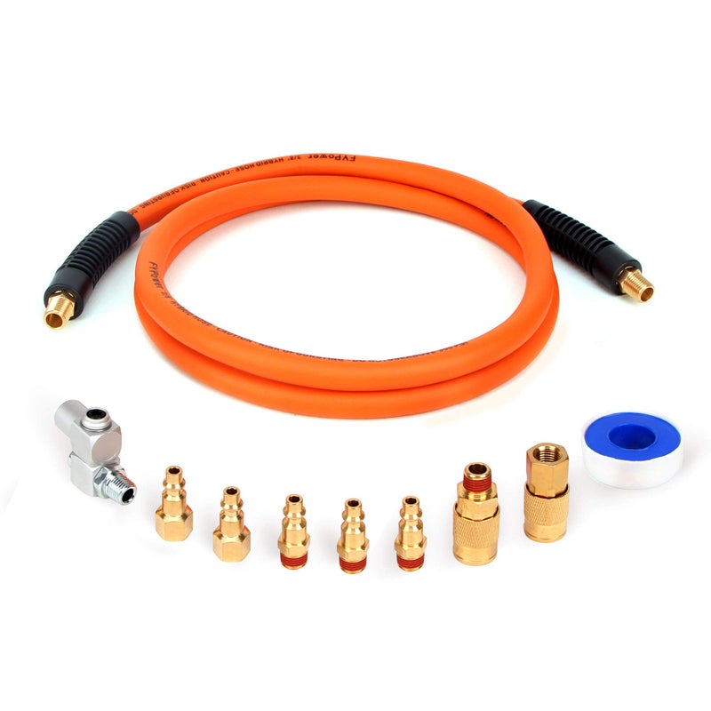 FYPower 10 Pieces Hybrid Lead-in Air Hose kit, 3/8 Inch x 6 ft Whip Air Compressor Hose Kit, 1/4" NPT Air Coupler and Plug, Industrial Solid Brass Quick Connect, 360Â° Swivel Connector - Image 1